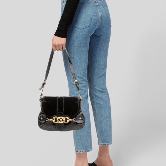 Authentic Gucci Vintage Patent Wave Flap Shoulder Bag Black - Picture 3 of 15